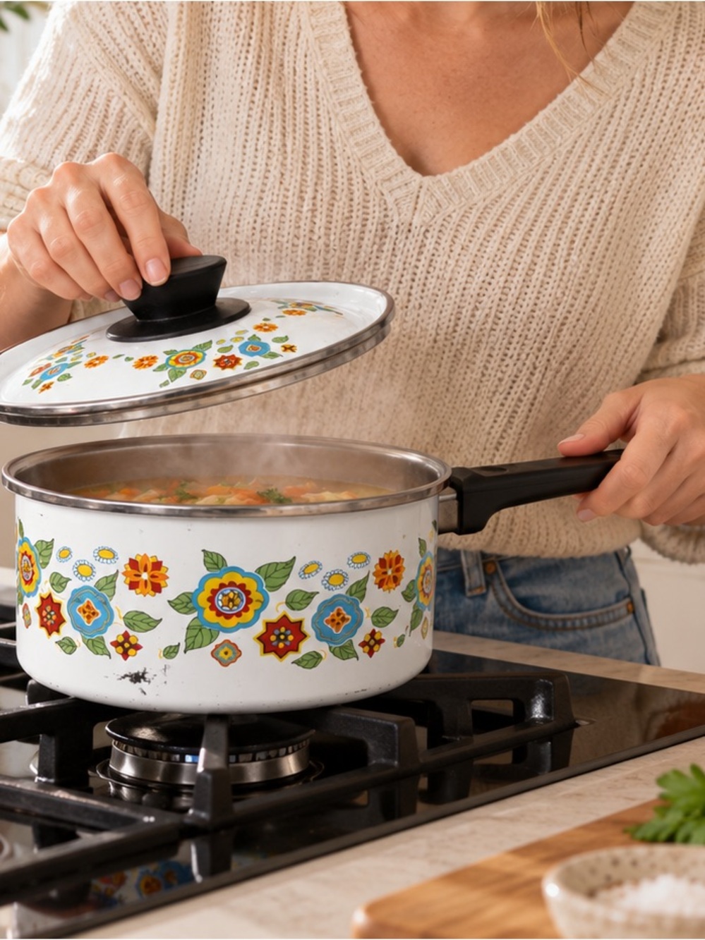 Retro Enamel Medium Saucepan Pot Floral Pattern Mid Century‎ Kitchenware Decor